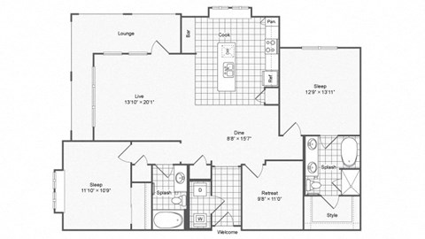 Floor plan for 2 beds, 2 baths, 1472 sqft